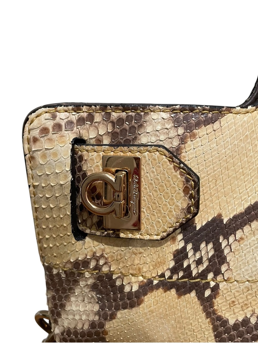 Salvatore Ferragamo Python Leather Convertible Tote Crossbody Bag Beige Brown - Picture 3 of 10
